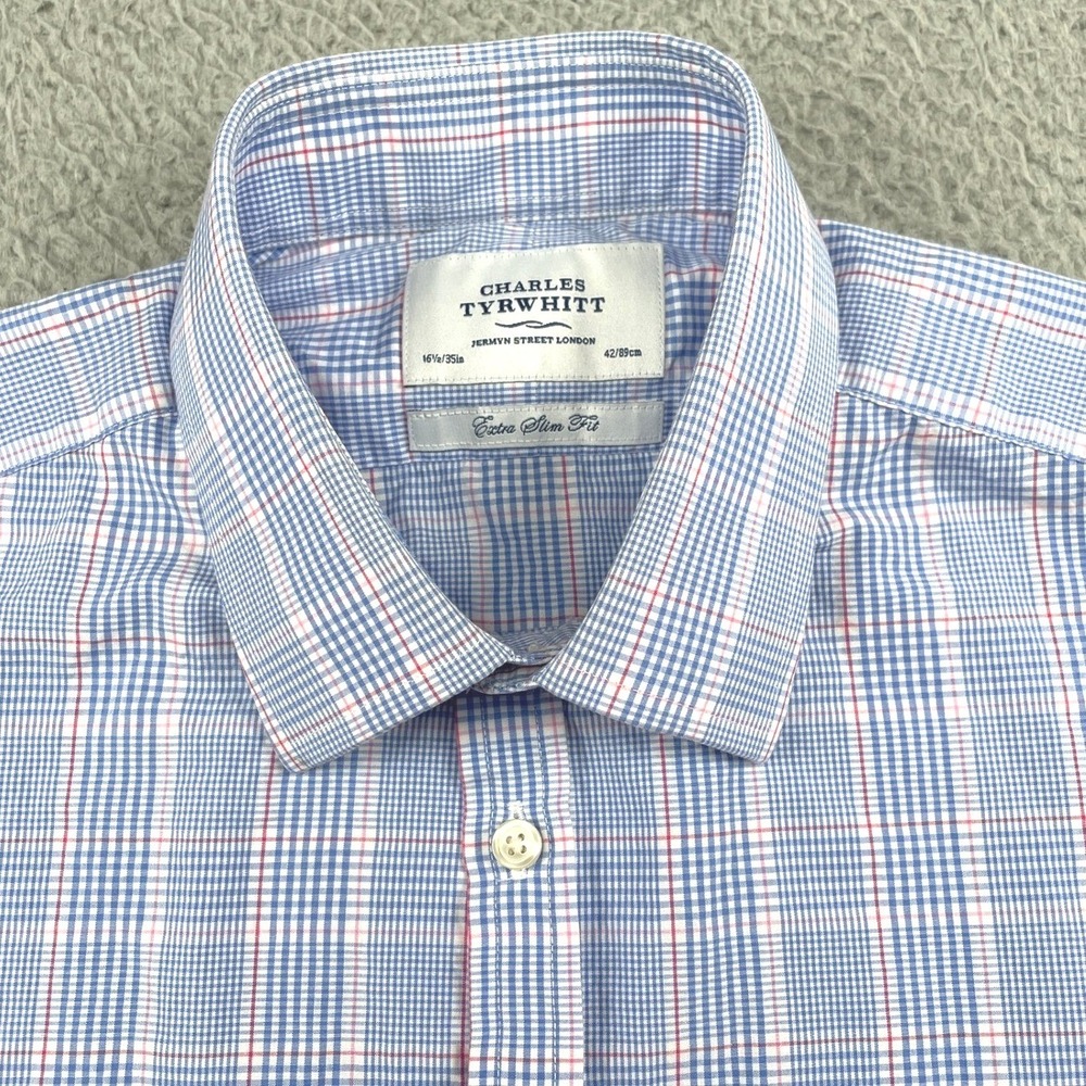 Charles Tyrwhitt Dress Shirt Mens 16.5 35 Blue‎ Pink Check Extra Slim Fit Cotton